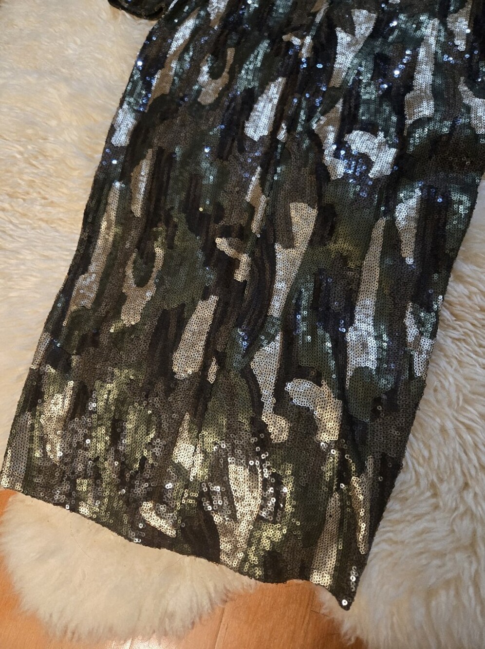 Zara Kahki Sequin Camo Bodycon High Neck Long Sleeve Midi Event Dress Size Small - Picture 14 of 14